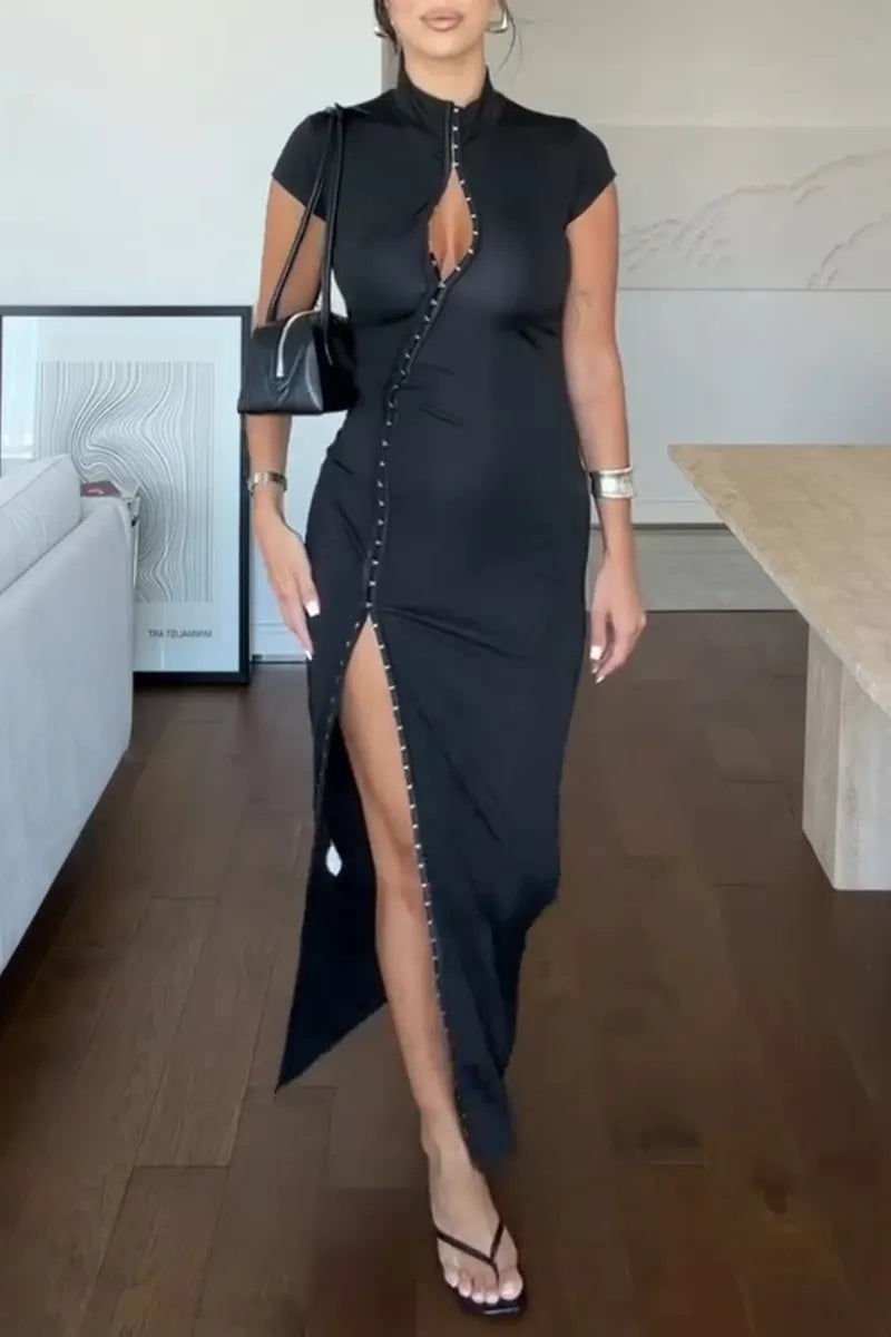 Women's Fashion Button Design Stand Collar Slit Hem Maxi Dress