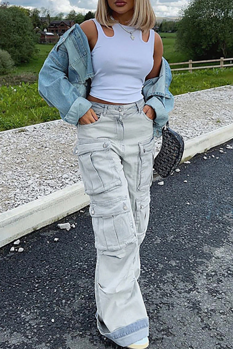 Vintage Multi Pocket Floor Length Cargo Jeans