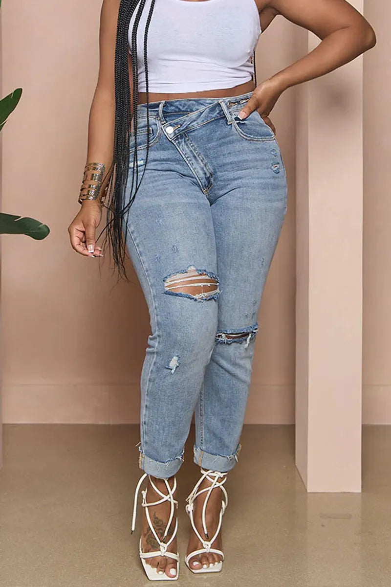 Women's Crossover Waist Ripped Straight Leg Jeans