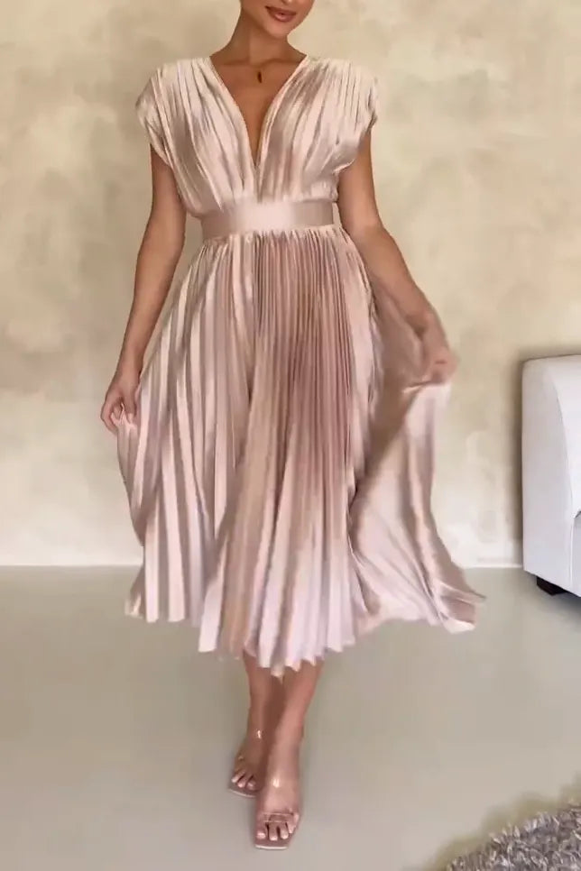 Women's Elegant V-neck Shiny Pleated Sleeveless Dress