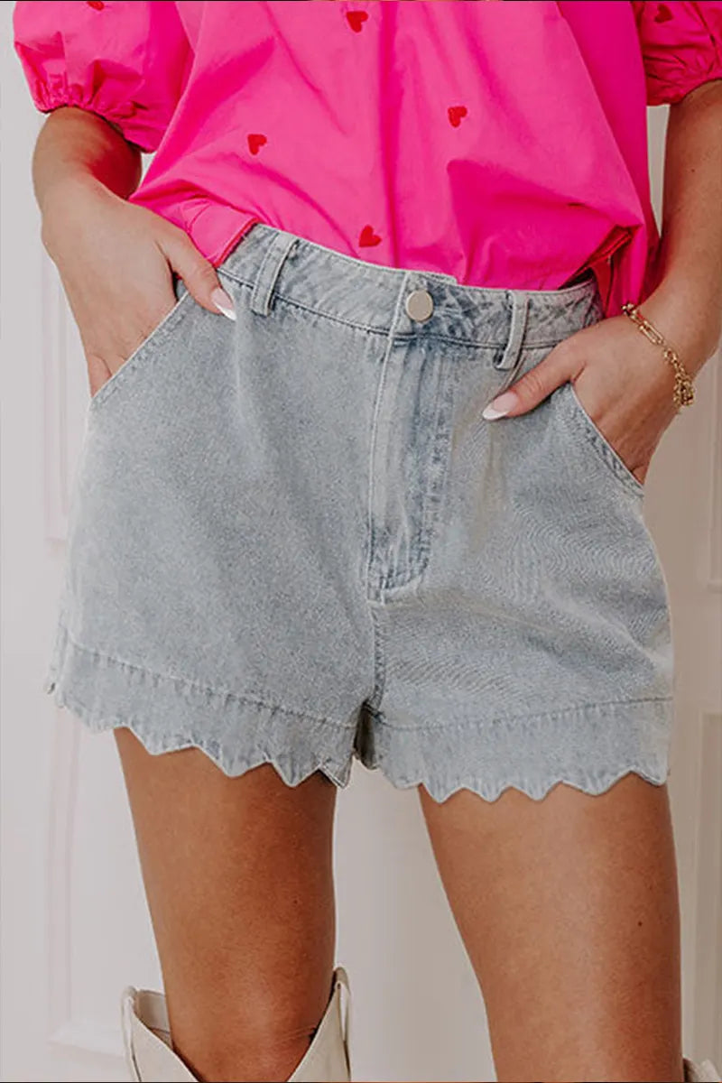 Ladies' Fashionable Casual Blue Wavy Hem Acid Washed High Waisted Denim Shorts With Waistline