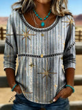 Women's Vintage Print Casual Hollow Denim Shirt