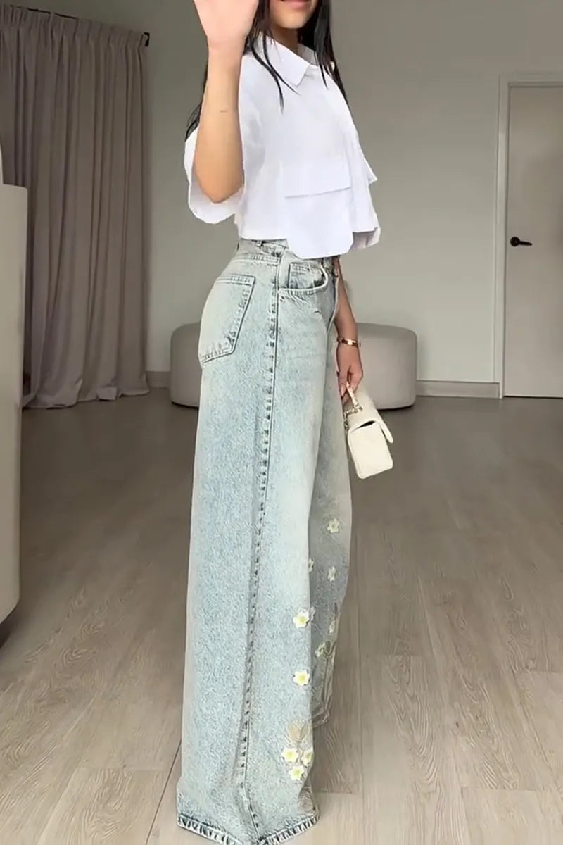 Women's Casual Print Decor Distressed Wash Wide Leg Jeans