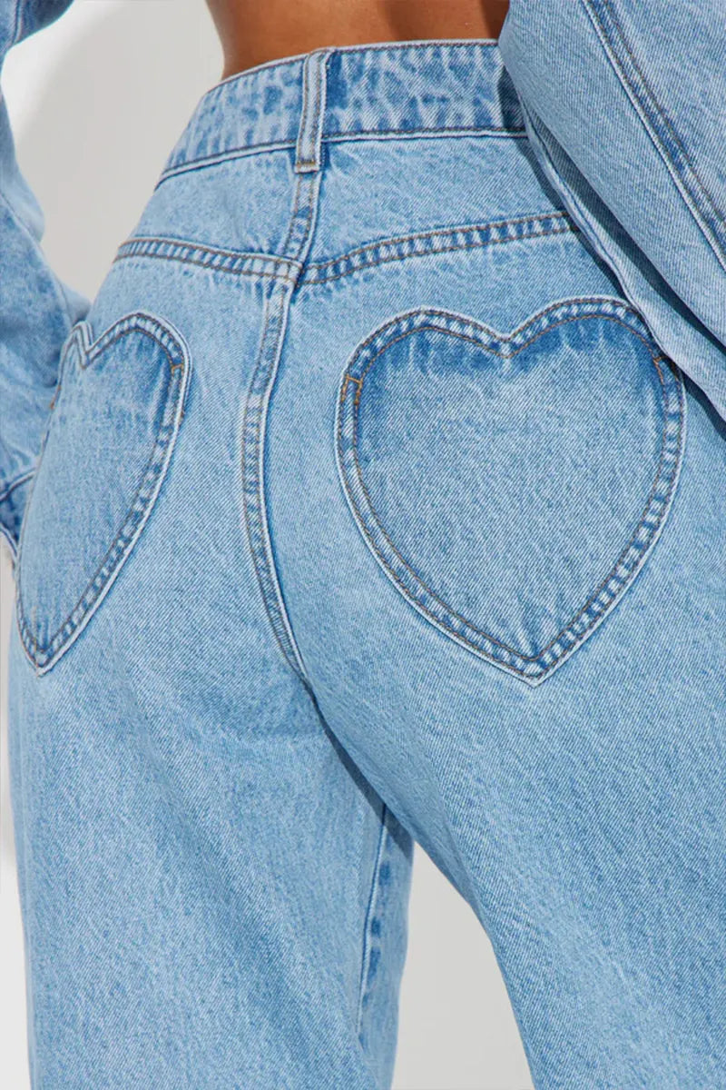 Women Straight-leg Slim Pants Heart Pocket Design Washed High-waist Loose Jeans