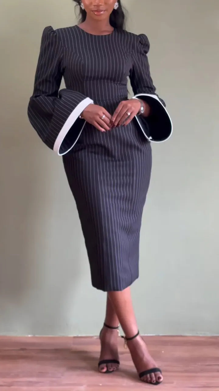Women Round Neck Waist Cinched Flared Sleeve Design Elegant Temperament Dress