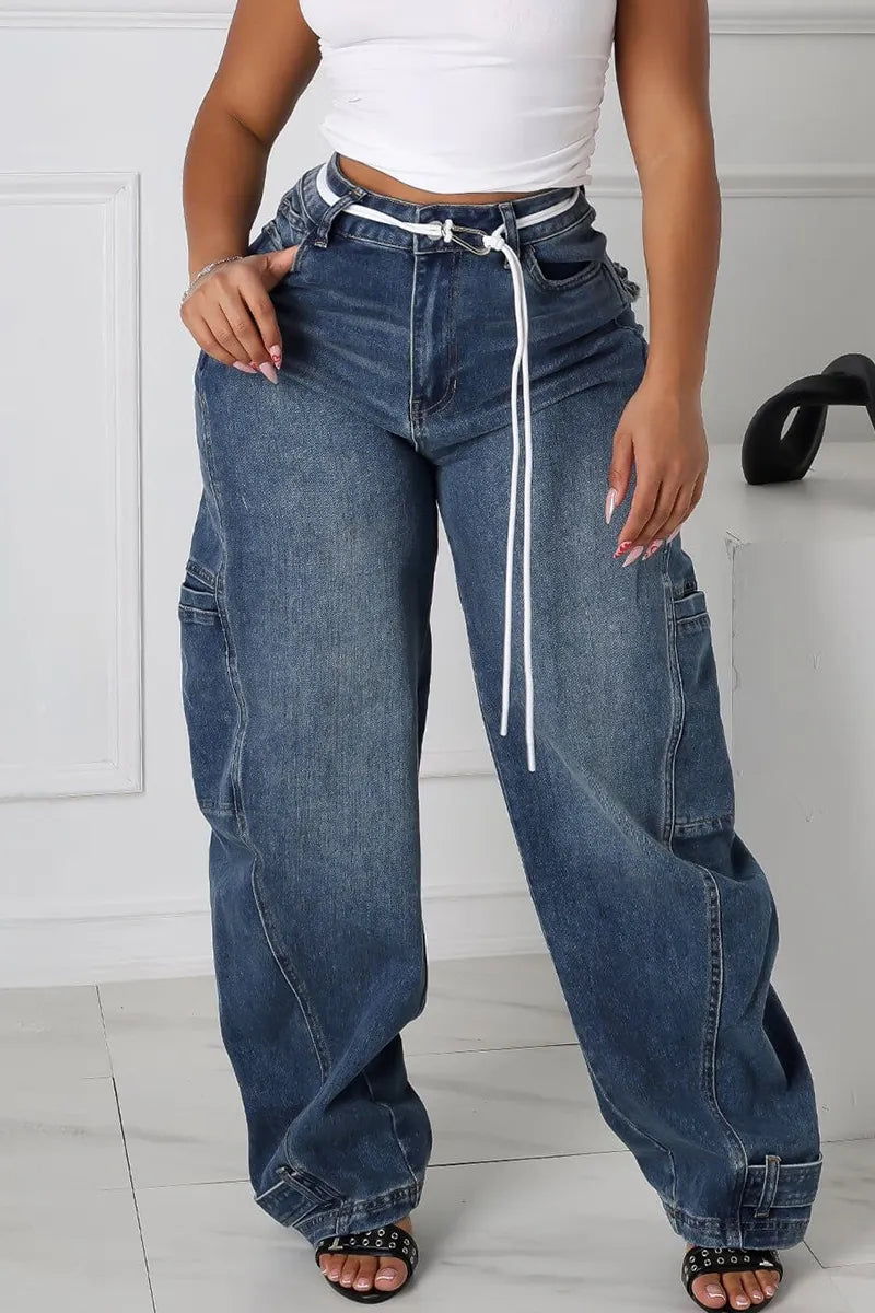 Women's Casual Multi Pocket Wide Leg Jeans With Cuffed Hems