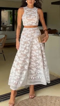 Women Round Neck Sleeveless Embroidered Pattern Top + Patchwork Half Skirt Vacation Casual Style Set