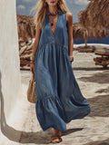 Bohemian Vacation Denim V-neck Sleeveless Loose Maxi Dress
