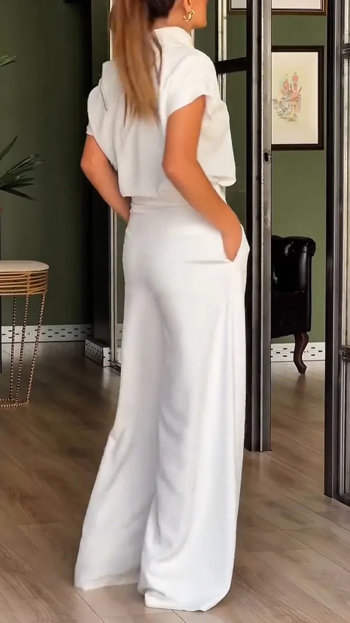 Women Collar Zipper Tassel Top + Wide Leg Pants Casual Set with Temperament