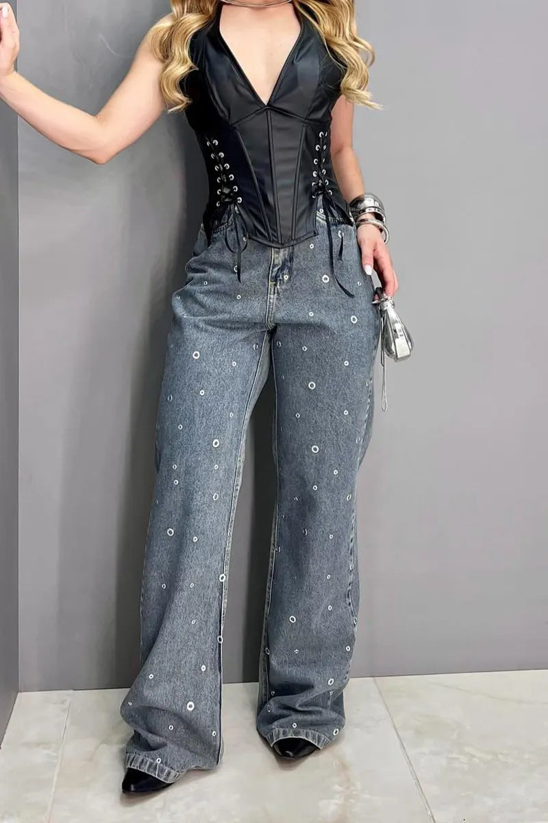 Women's Acid Wash Denim Pants with Eyelet Embellishments & Side Slit