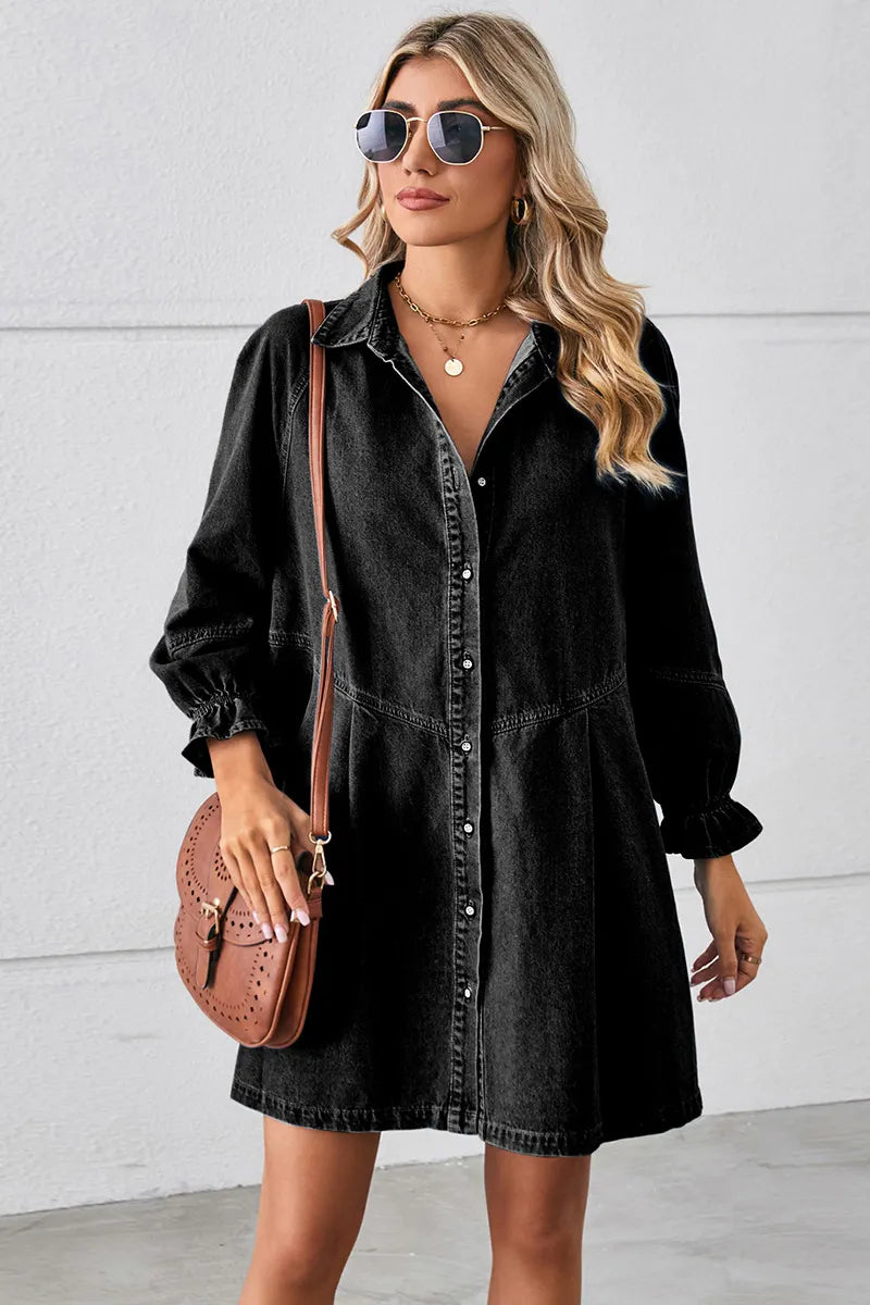 Casual Puff Sleeve Loose Fit Washed Denim Dress