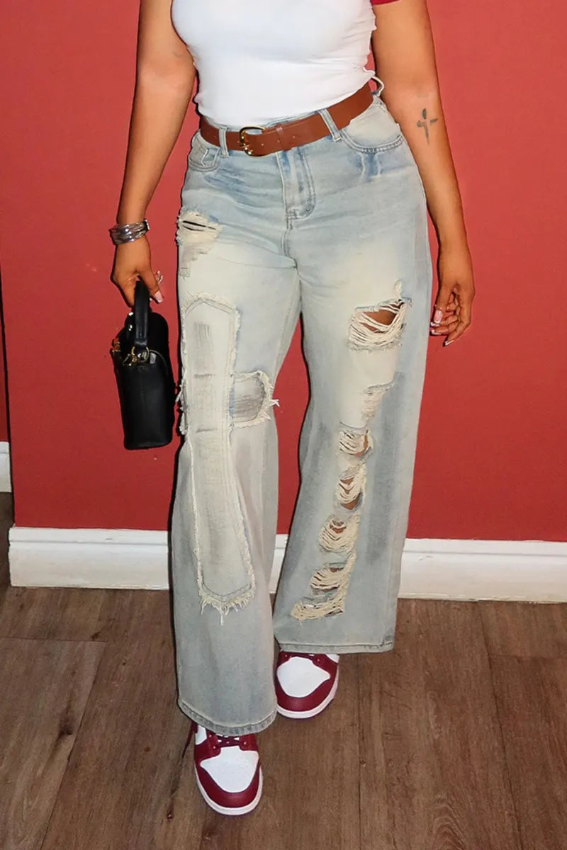 Women's Fashion Ripped Patch Trim Jeans