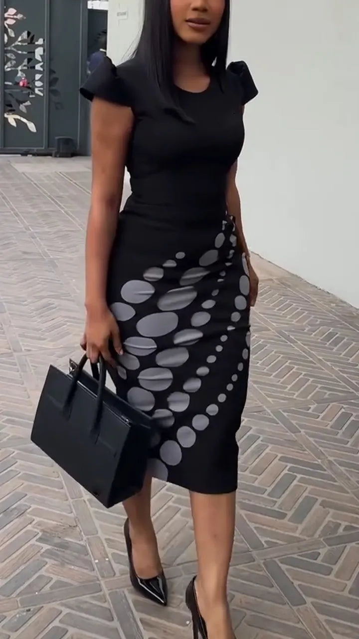 Women Round Neck Waist Cinched Polka Dot Print Elegant Temperament Dress