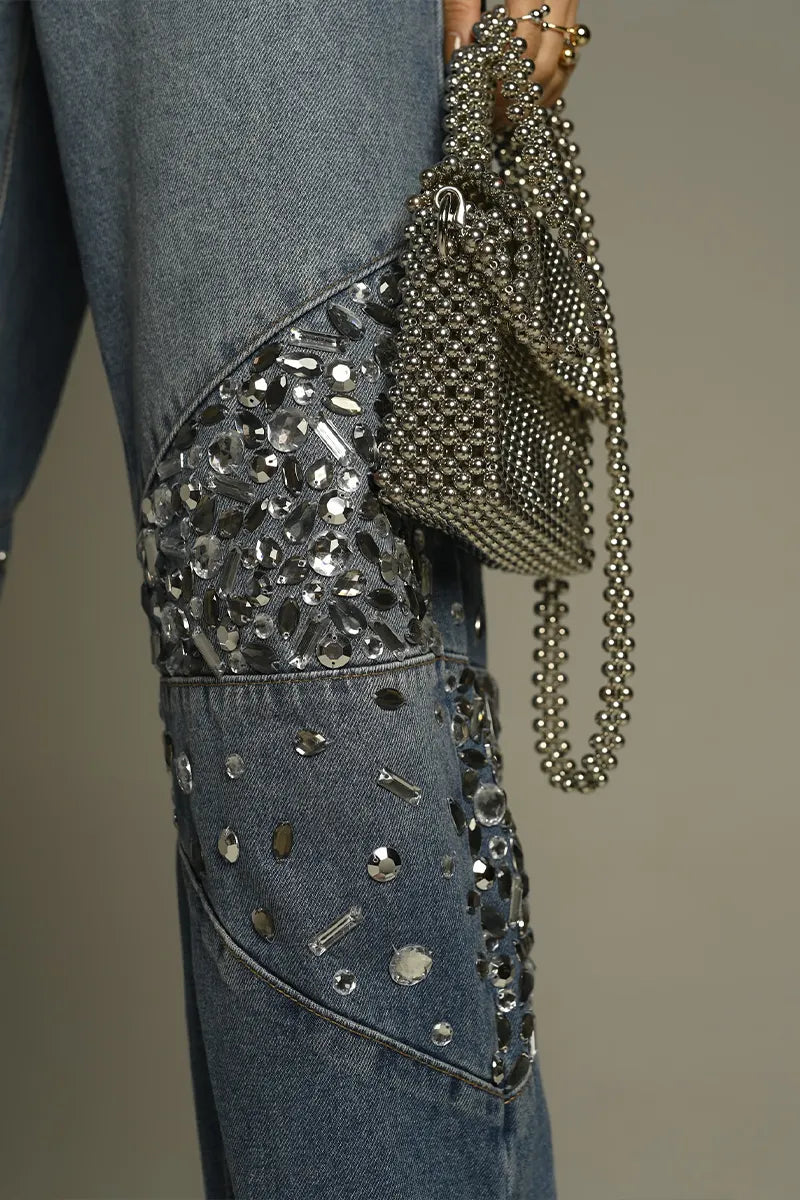 Women's Casual Rhinestone Trim Wide Leg Jeans