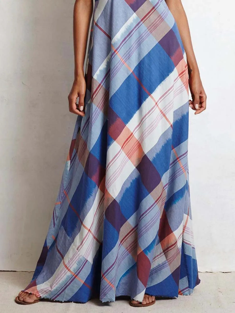 Women's Retro Plaid Pattern Denim Patchwork Art Stylish Casual No Sleeve Dress