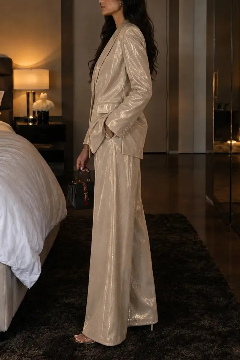 Women's Elegant Notch Lapel Satin Champagne Blazer Wide Leg Pants Set