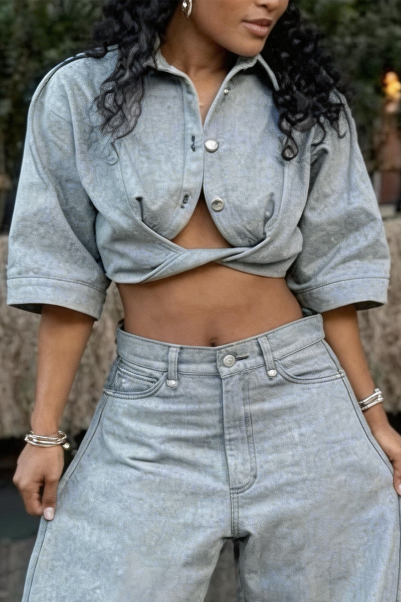 Women's Grey Washed Denim Twist Front Half Sleeve Crop Shirt Or High Waist Cuff Hem Baggy Grey Denim Jeans