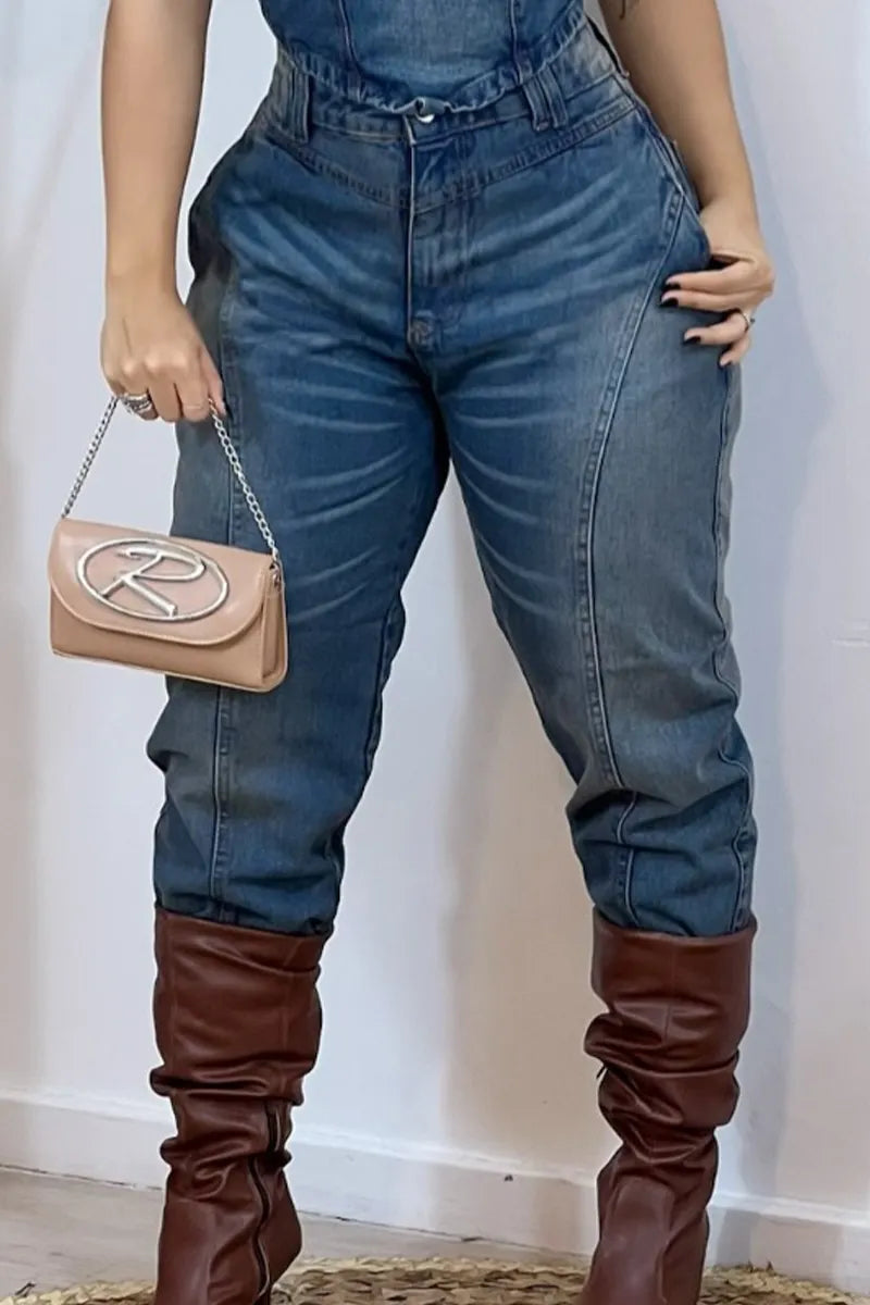 Women's Denim One-Shoulder Corset Top & High-Waisted Pants
