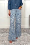 Women Casual Printed Hollow Denim Bell Bottom Pants