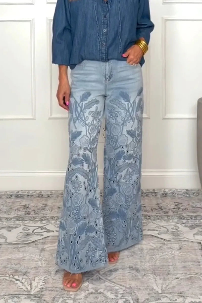 Women Casual Printed Hollow Denim Bell Bottom Pants