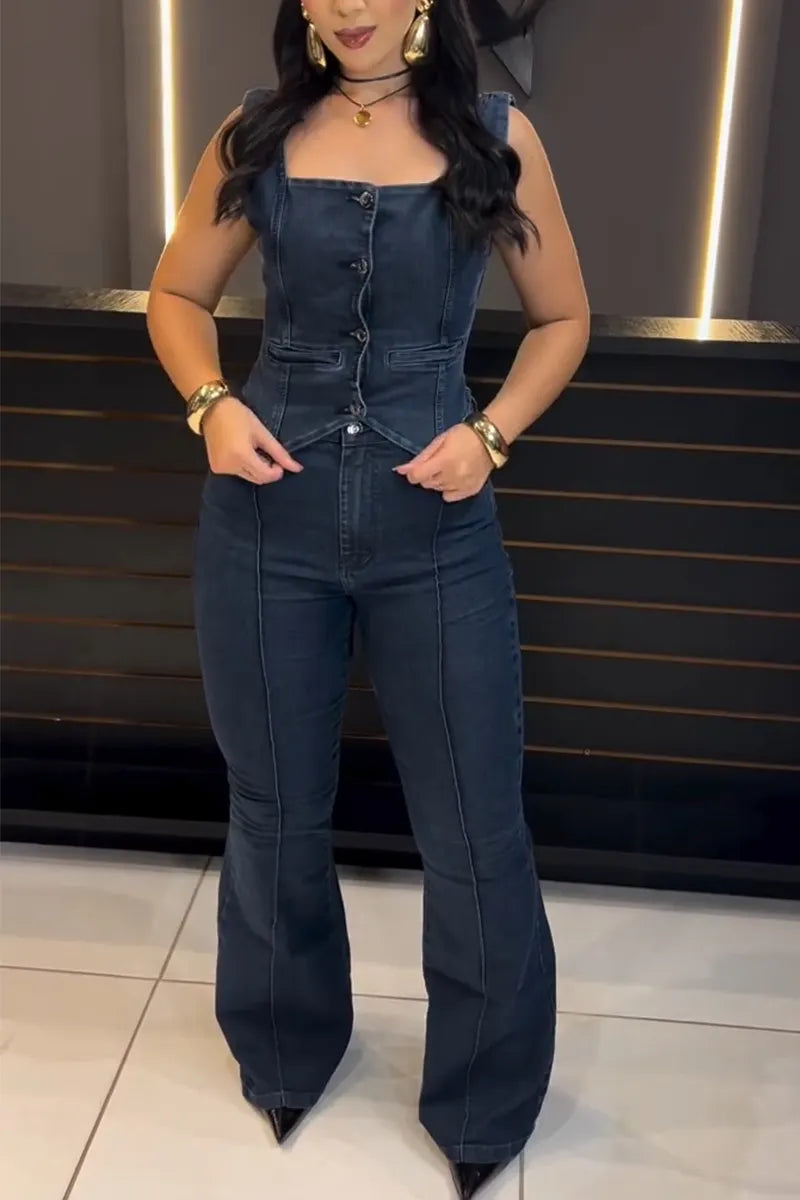 Women Square Neck Buckle Spliced Denim Top or Jeans