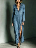 Women's Casual Denim Dress With Lace Trim