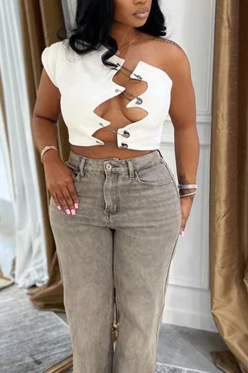 Women Irregular Pin Design Hollowed Out Sexy Casual Top