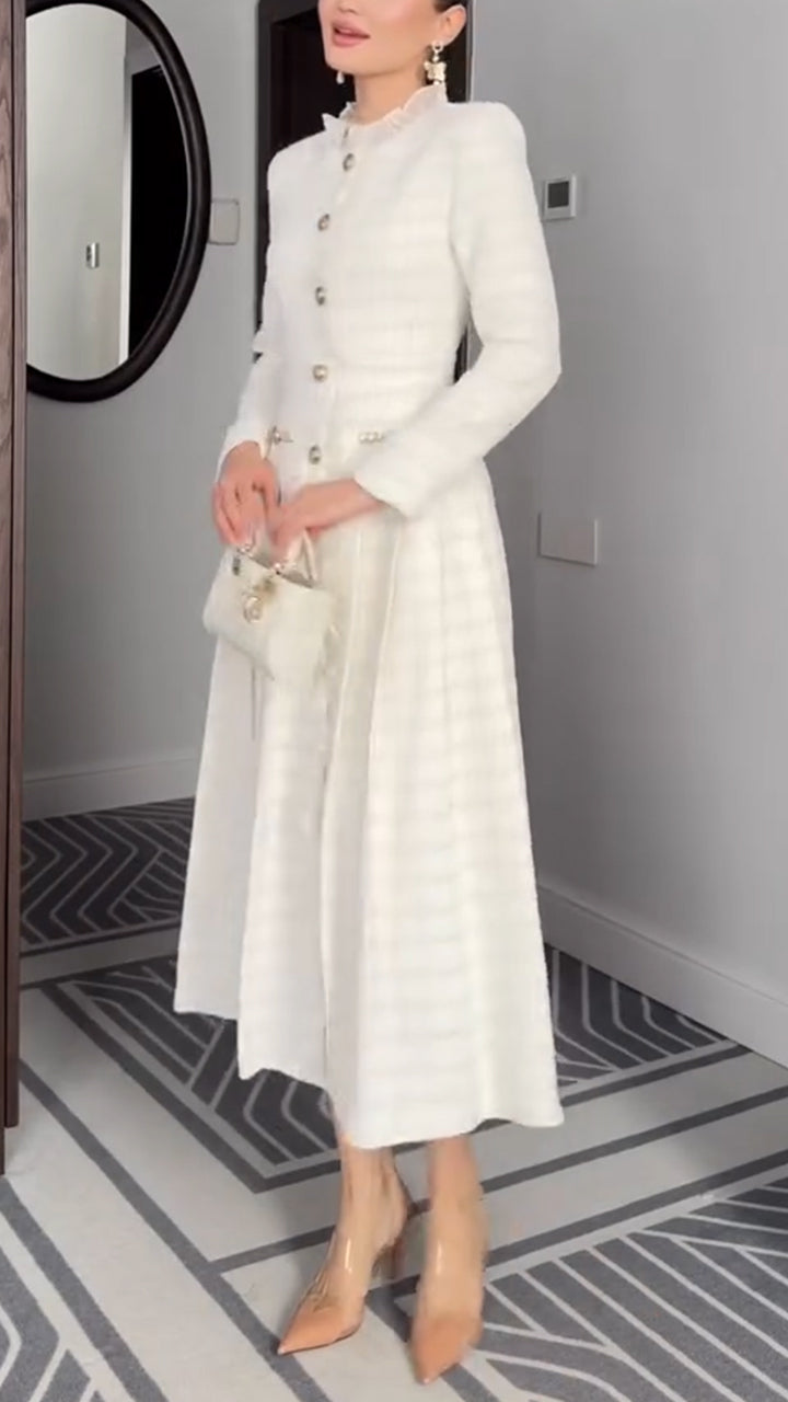 Women Round Neck Lace Button-down Plaid Elegant Temperament Dress