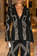 Women's Collar Style Rhinestone Jacket or Wide Leg Pants