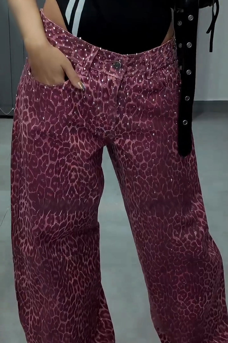 Women's Fashion Leopard Print Shiny Rhinestone Wide Leg Jeans