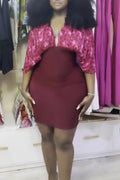 Women's V-neck Printed Patchwork Elegant Casual Hip Hugging Dress