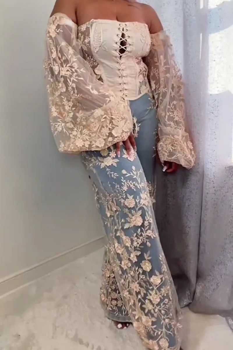 Women's Elegant Lace Up Embroidered Puff Sleeve Top Or Embroidered Wide Leg Jeans