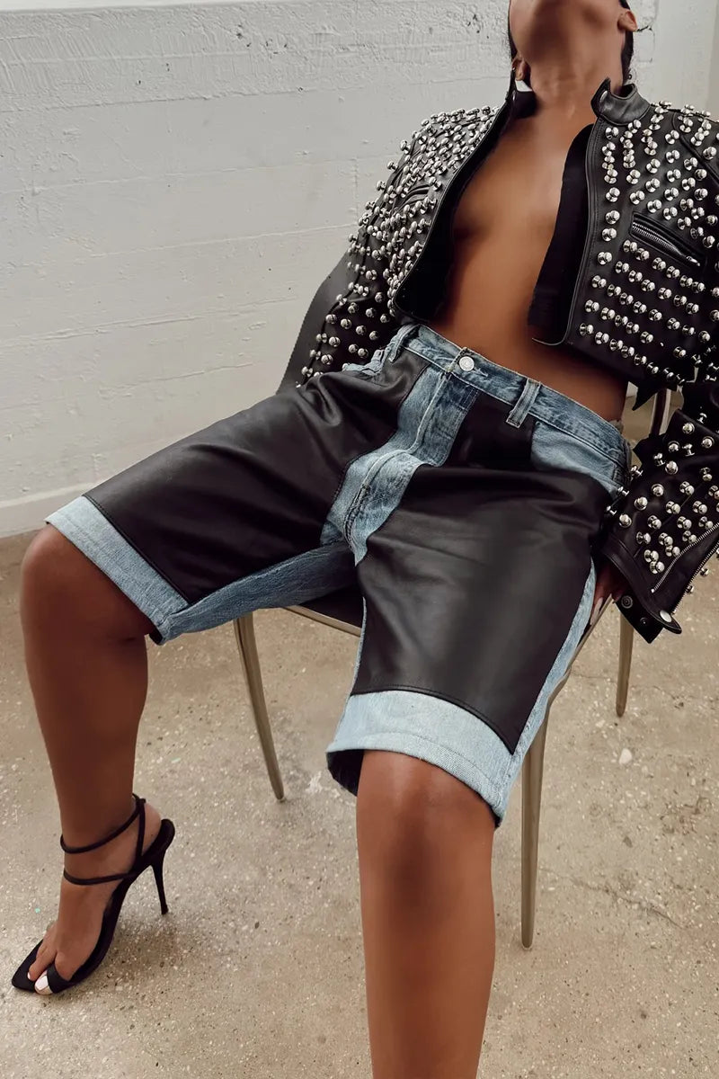 Women's Casual Leather Panel Cropped Jeans