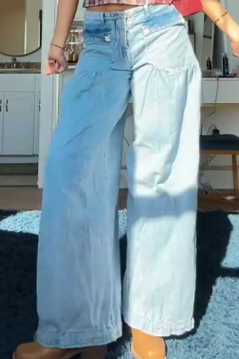 Women's Casual Pleated Wide Leg Denim Pants With Pockets