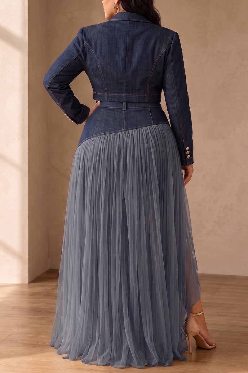 Women's 2-Piece Fitted Blazer High-Waist Pleated Chiffon Denim Skirt Set