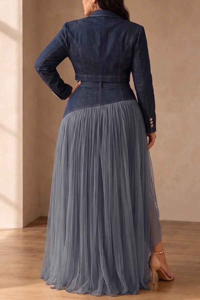 Women's 2-Piece Fitted Blazer High-Waist Pleated Chiffon Denim Skirt Set