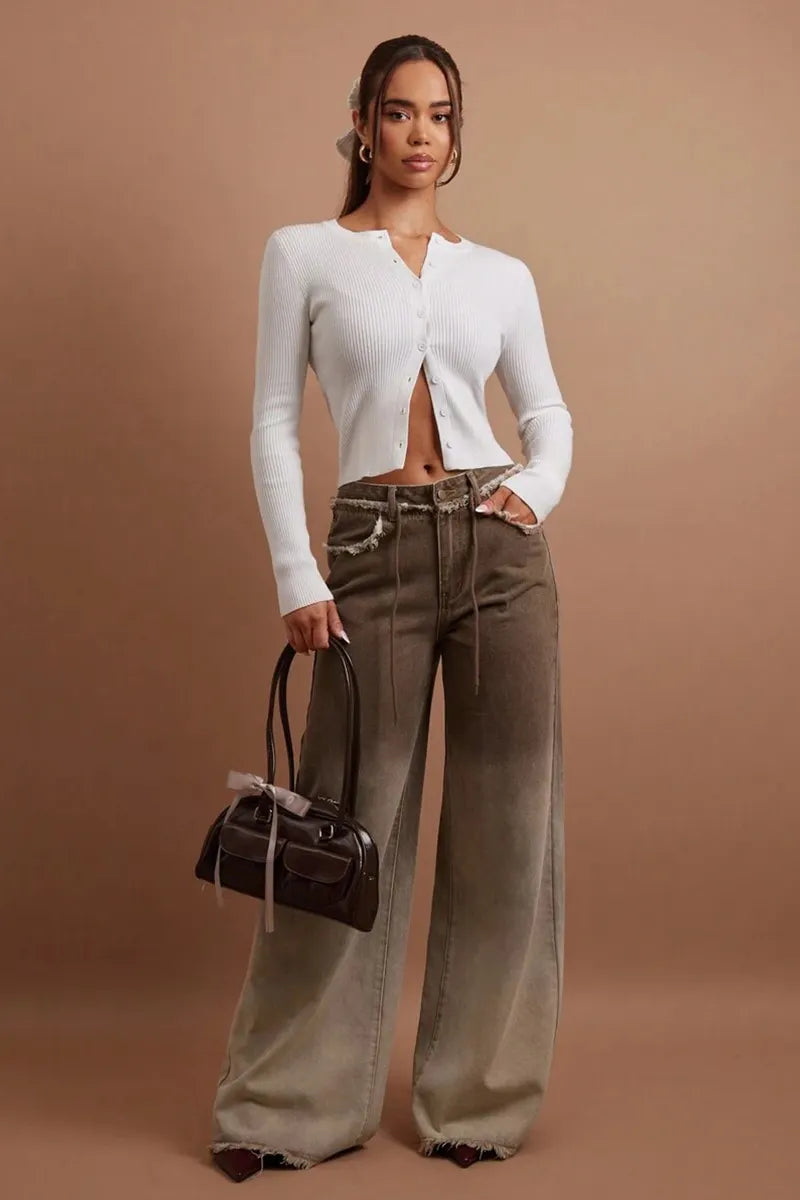 Women's Casual Front Button Pocket Frayed Hem Jeans