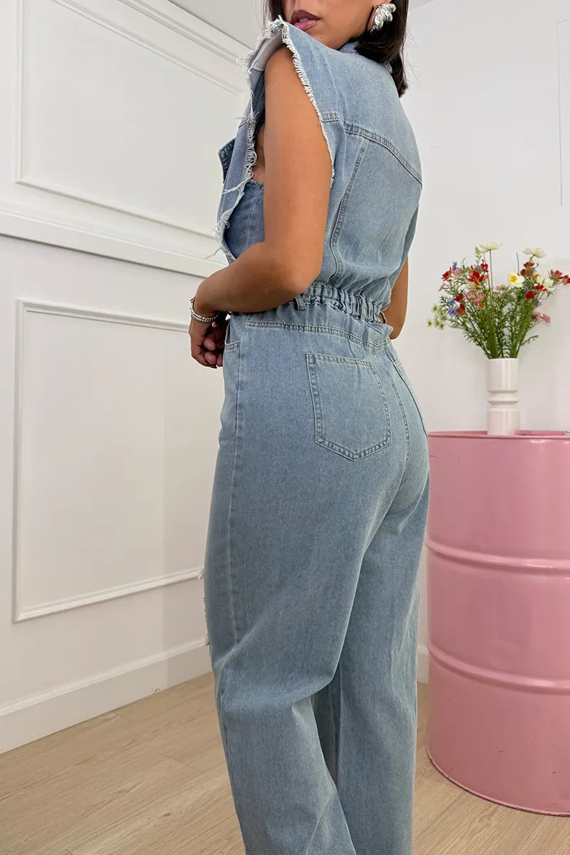 Women's Button-Front Denim Jumpsuit with Frayed Cap Sleeves & Belted Waist