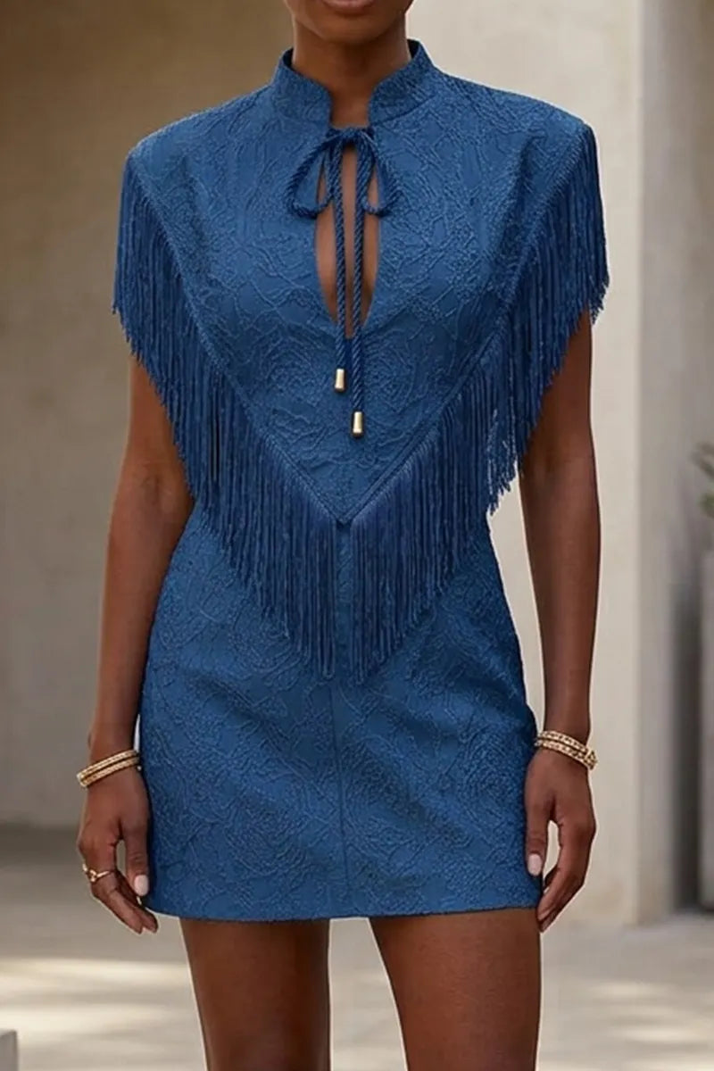 Statement Fringe Tie Neck Bodycon Mini Dress