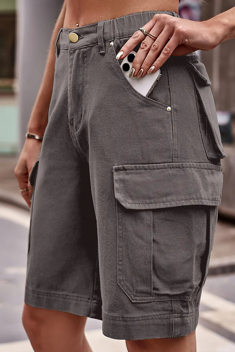 Women's Casual Elastic Waist Denim Cargo Shorts