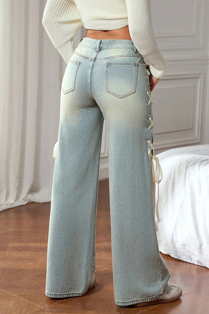 Women's Casual Ribbon-Accented Wide-Leg Jeans