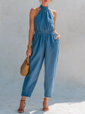 Chic Vacation-Style Mock Neck Sleeveless Denim Jumpsuit