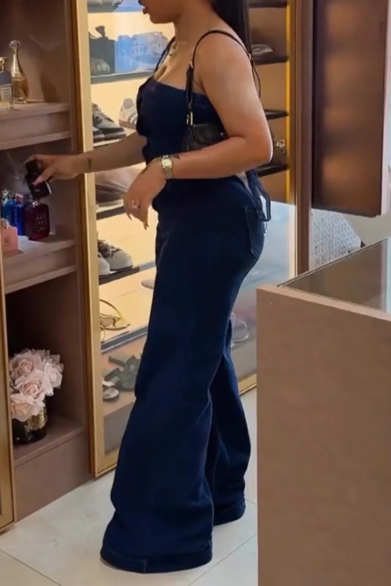 Women's Casual Button Front Removable Strap Denim Jumpsuit