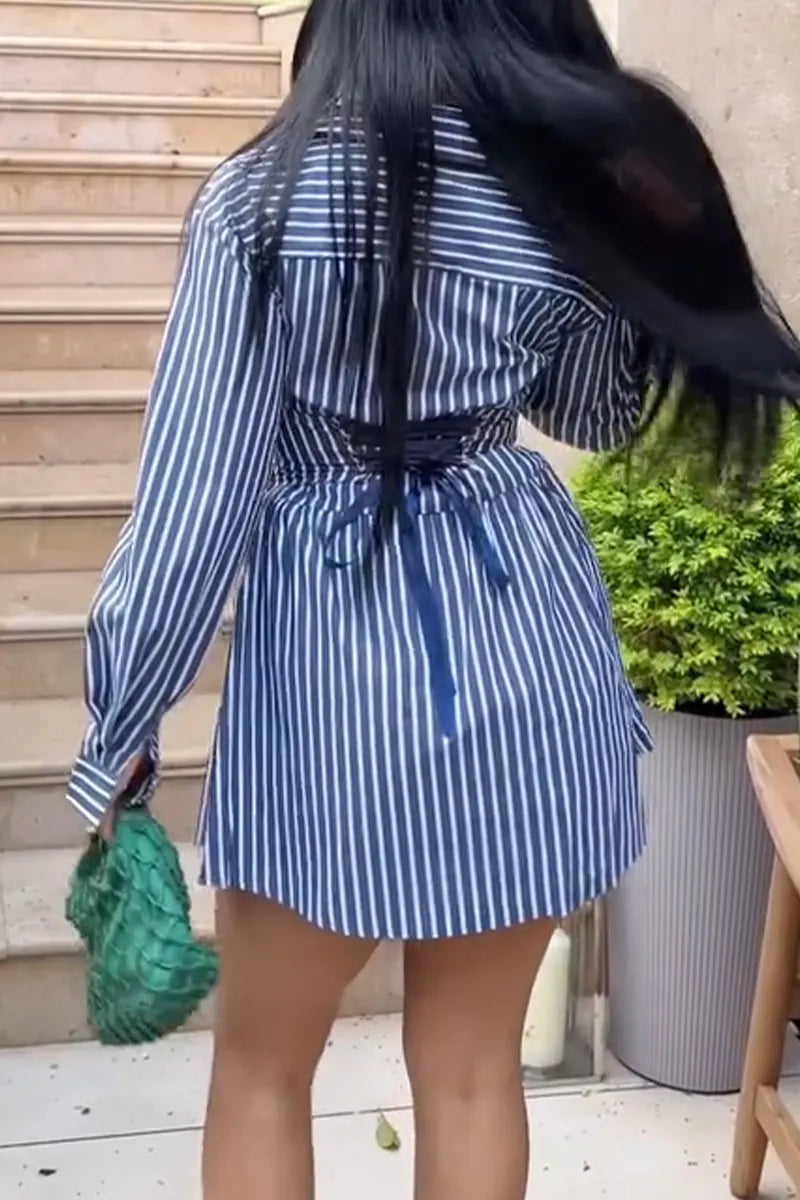 Women's Collar with Vertical Stripes and Waist Cinching Elegant Temperament Dress
