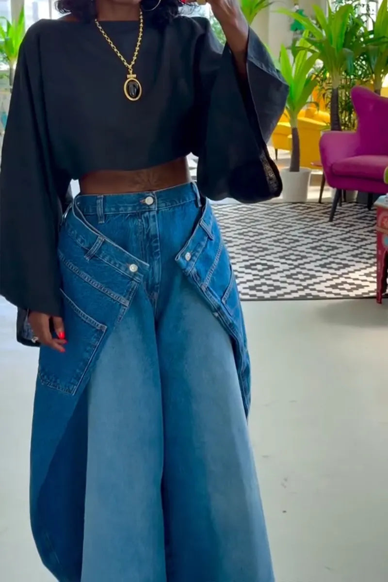 Women's Casual Silhouette Design Layered Wide Leg Jeans