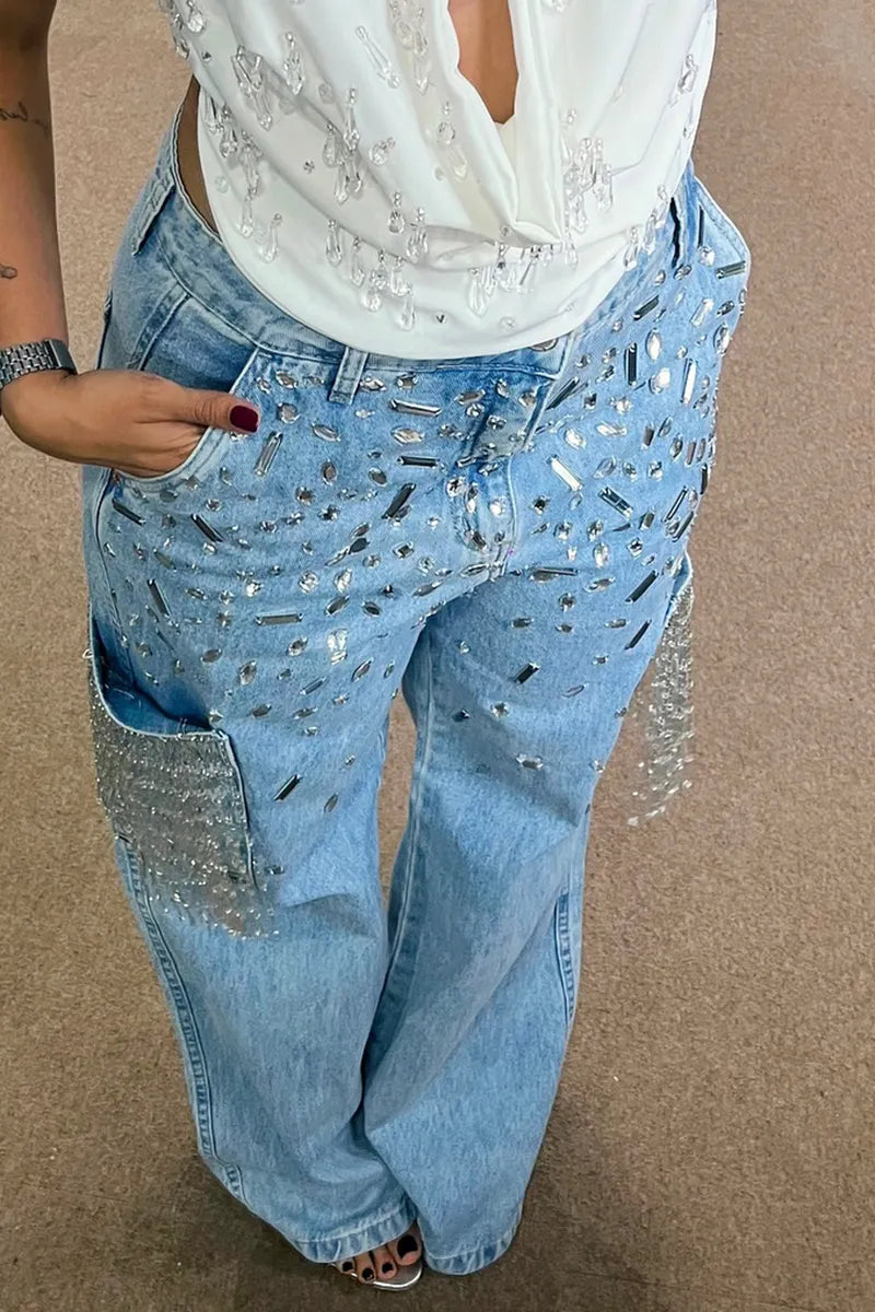 Women's Fashion Open-Back Stretch Rhinestone Top or Fringe Jeans