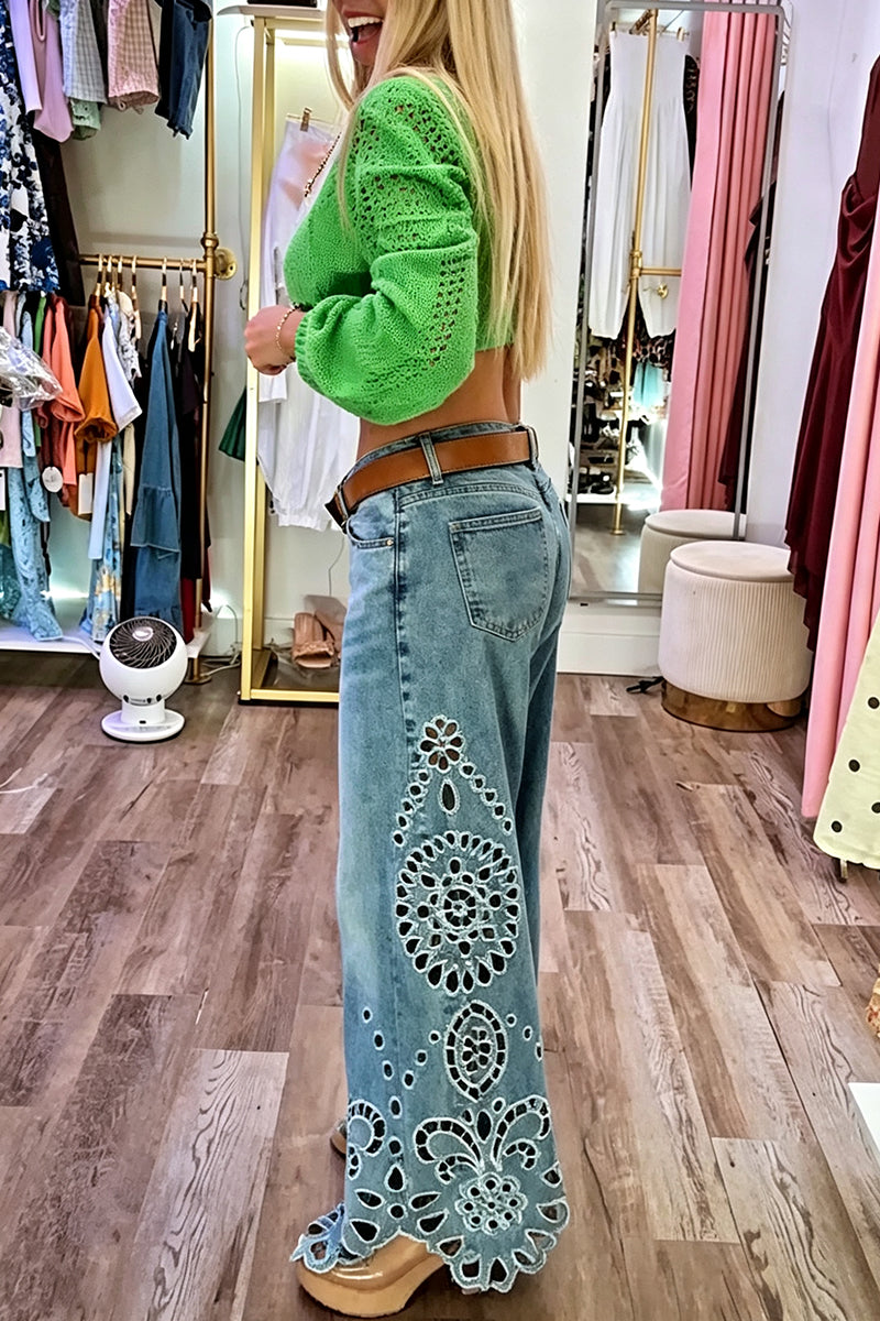Women's Fashion Pattern Embroidery Cut-Out Hem Wide Leg Jeans