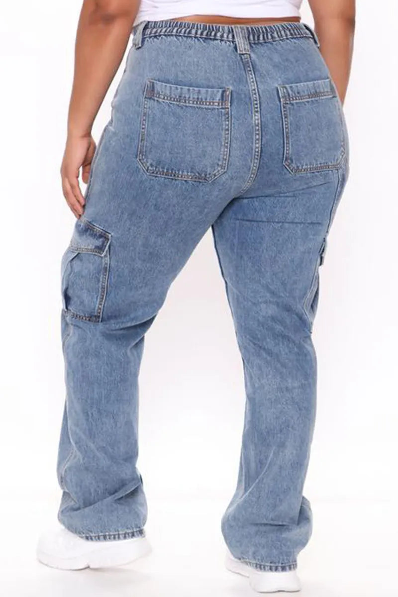Women's Elastic Waist Wide-Leg Cargo Jeans With Multiple Pockets
