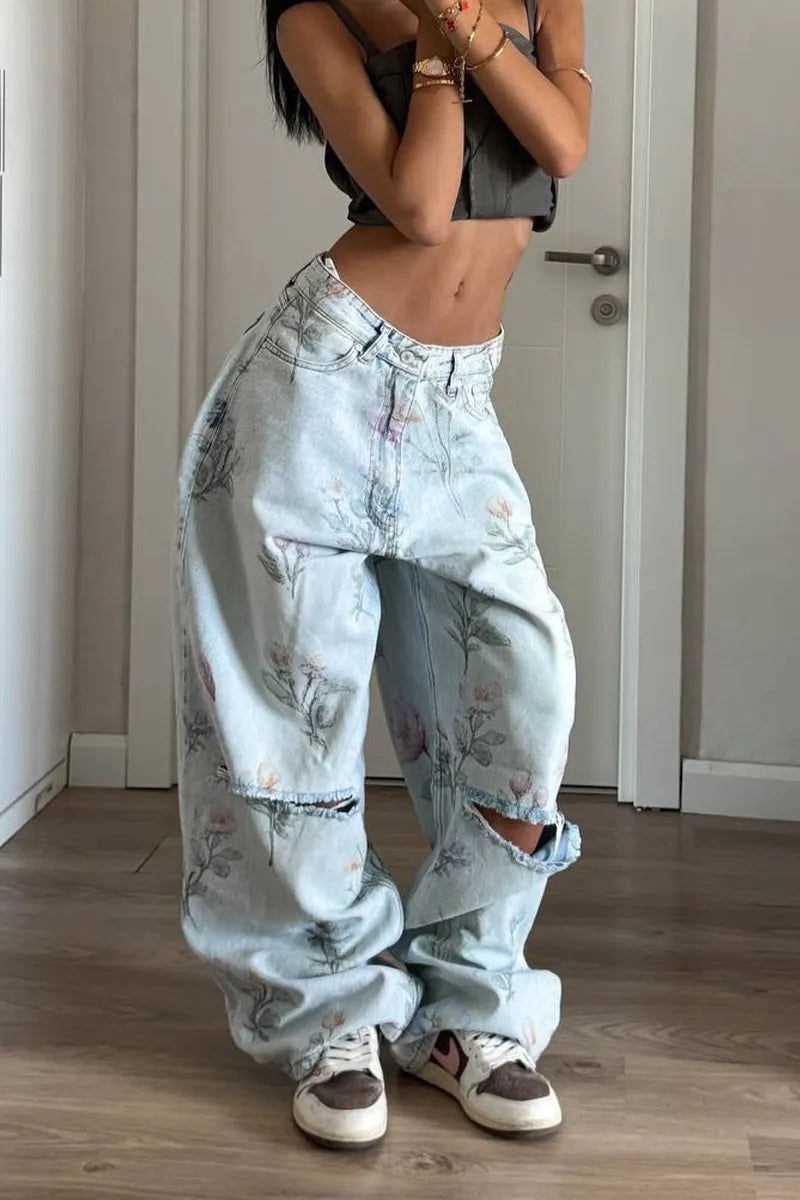 Women Printed Ripped Casual Denim Wide Leg Pants