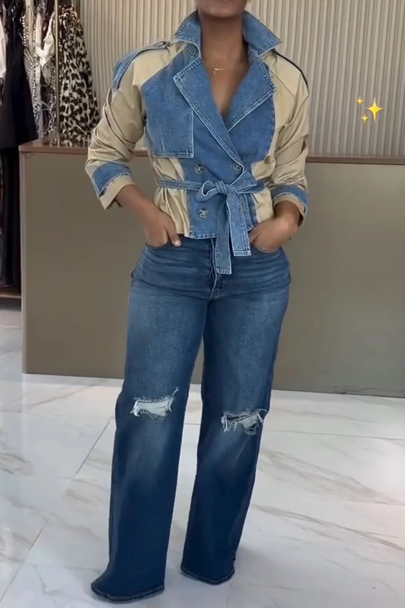 Women Casual Collar Patchwork Denim Jacket or Washed Ripped Jeans